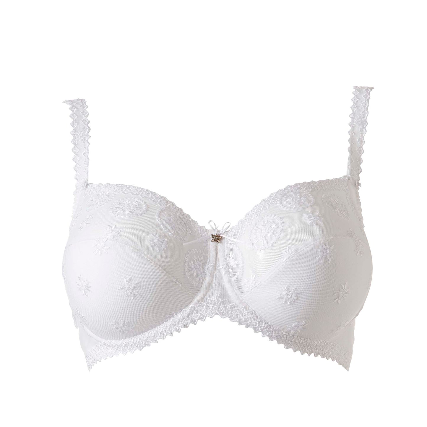 The full cup Louisa Bracq bra from the Chantilly line is distinguished by its chic, refined geometric edges that emphasizes the iridescent medallions.