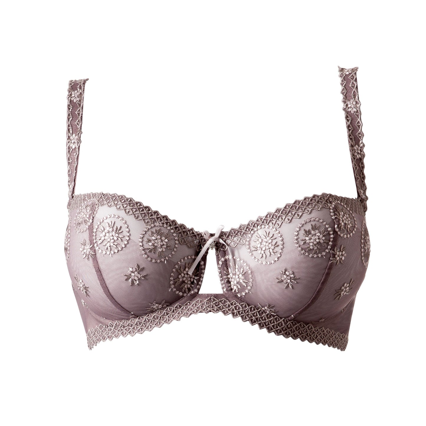 The Chantilly Medallions Balcony Bra from the Louisa Bracq line features a geometric border that accents the lustrous medallions on the cups. 