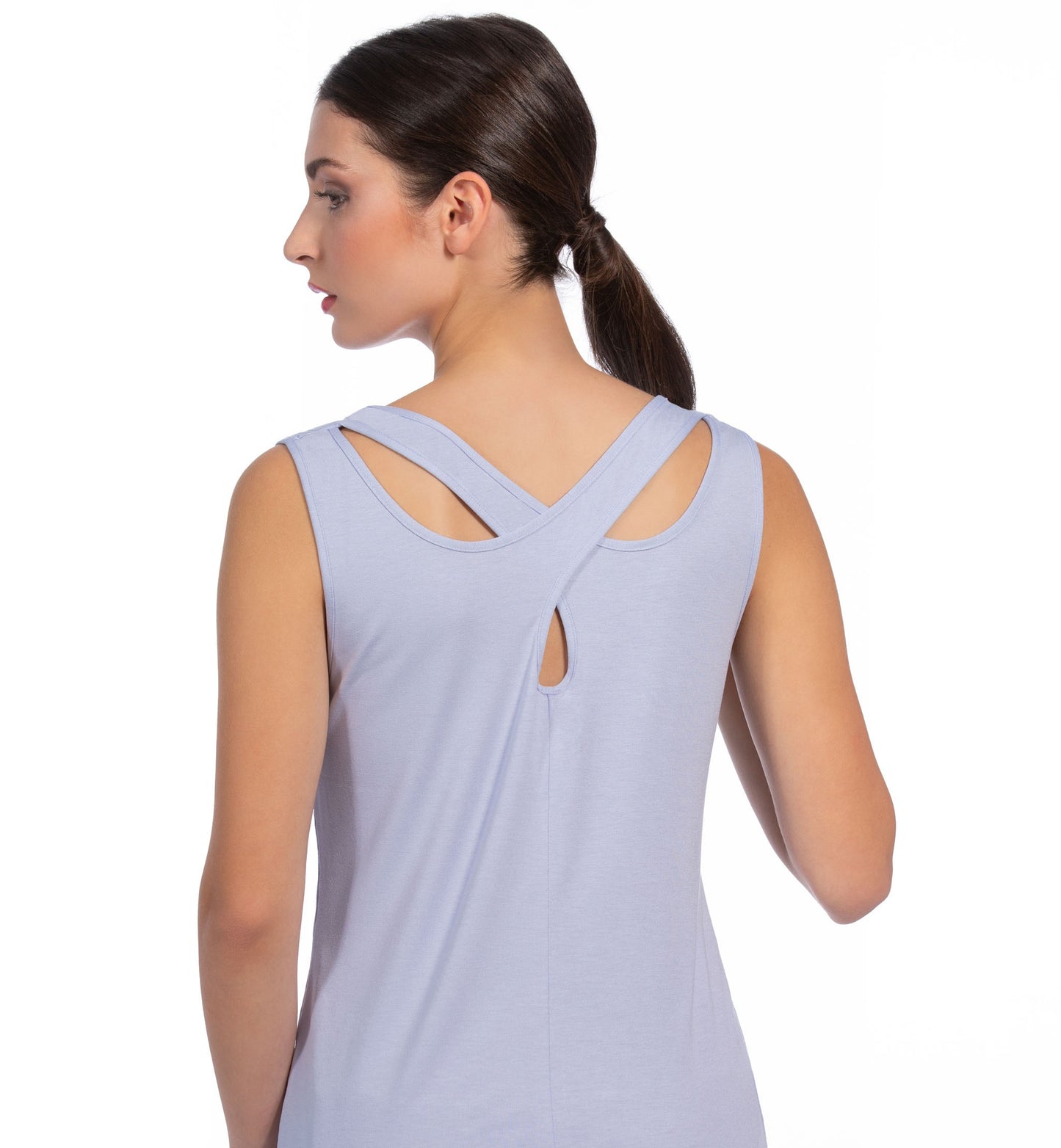This Viscose line EGi dress from Italy boasts an ultra-soft, stretchy fabric with a silken look, as well as tasteful, sophisticated cross-back straps. 