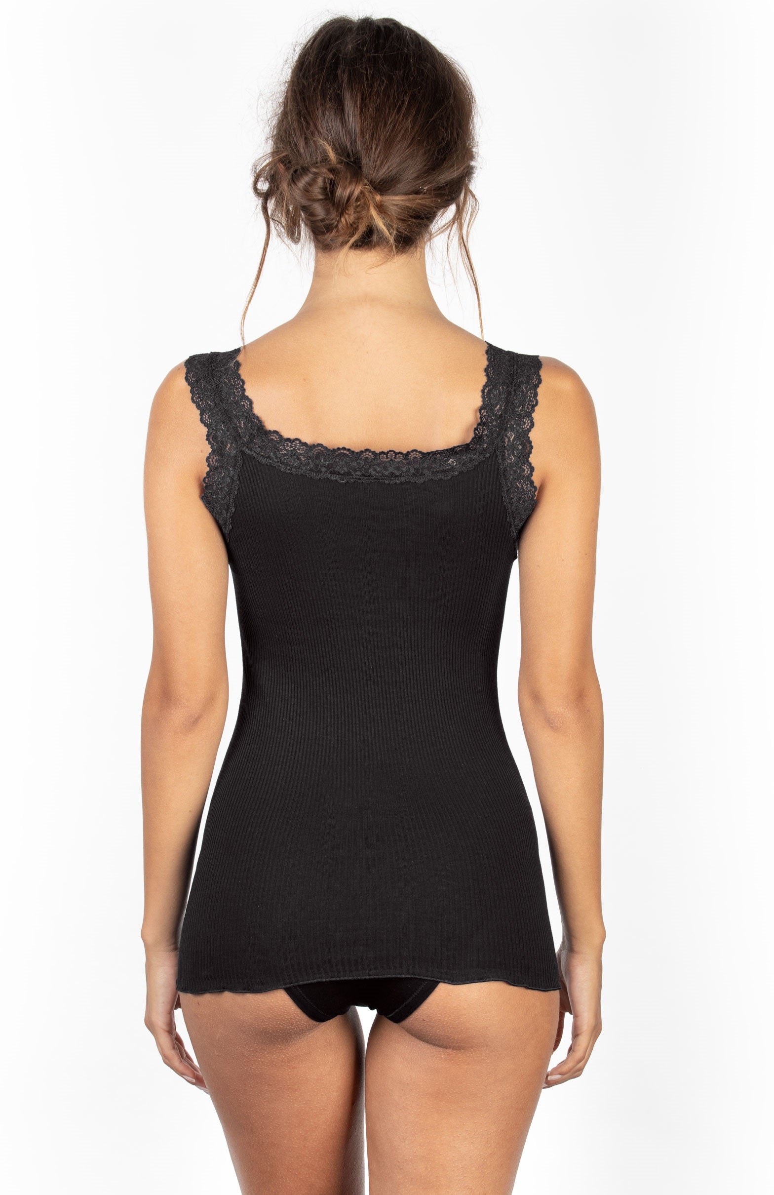 This Italian-crafted Ribbed Cotton Lace Straps Camisole is created with a lightweight cotton fabric woven with a tubular knit, providing smooth, uninterrupted sides. 