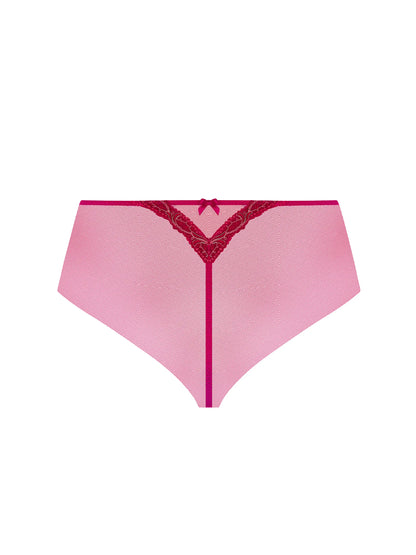 Pink lace-trimmed underwear on a white background