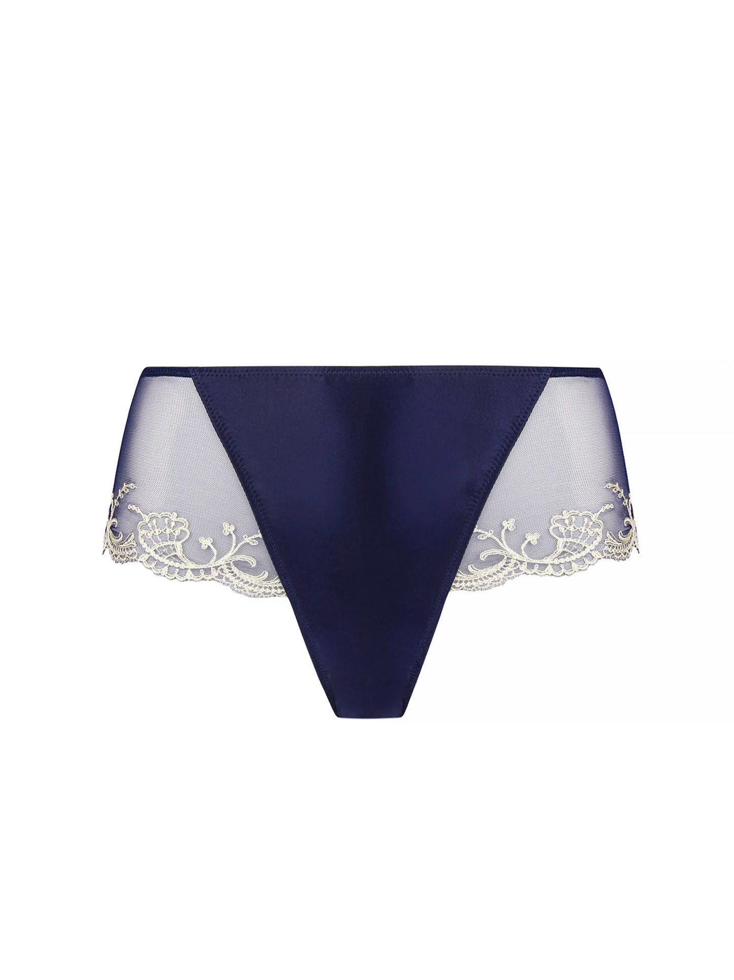 Navy blue underwear with white lace trim on a white background