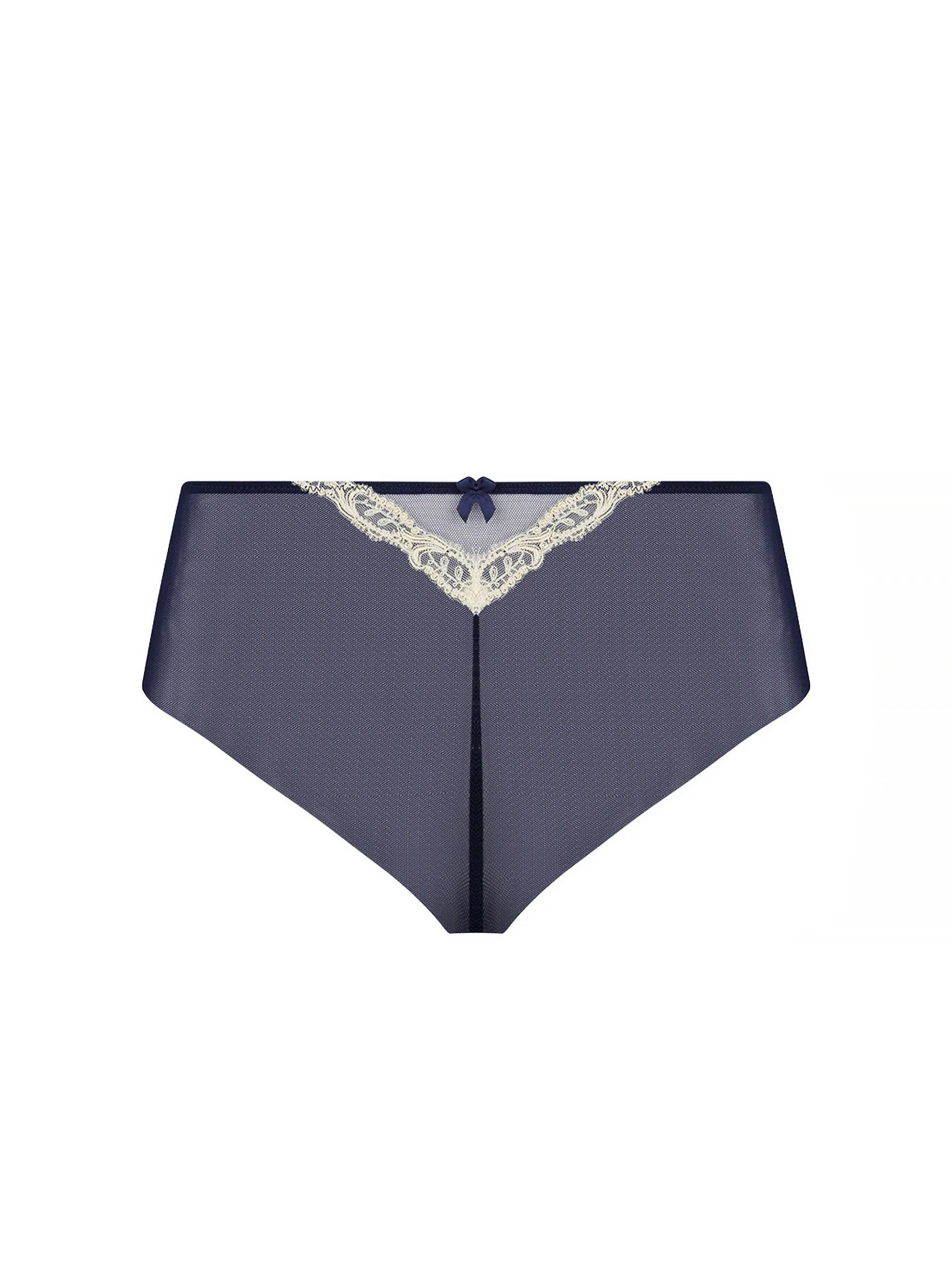 Navy blue satin underwear with lace trim on a white background