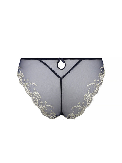 Sheer black lace lingerie with floral embroidery on a white background