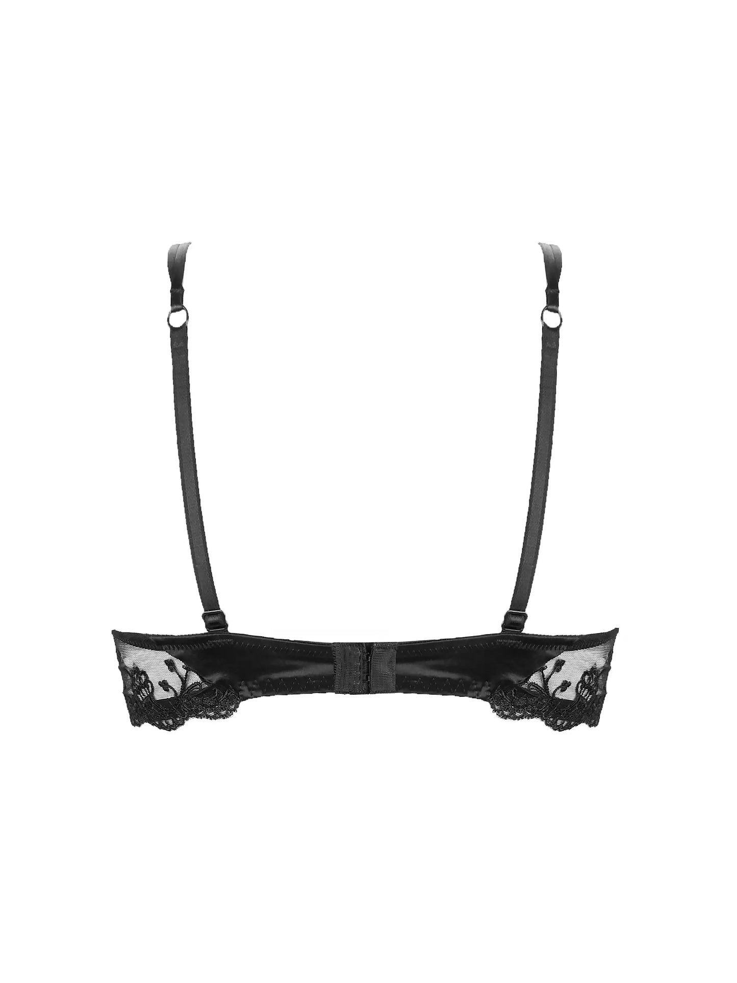 Black lace bra with straps on a white background