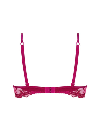Pink lace bra on a white background