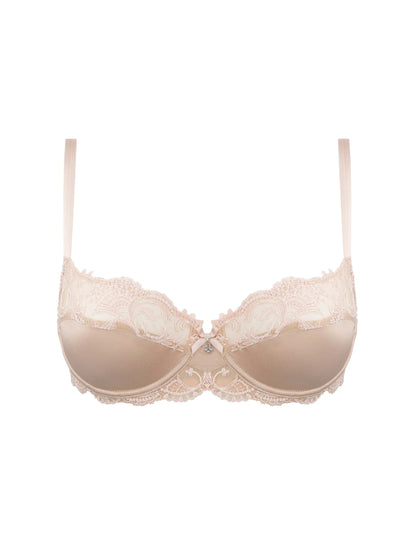 Beige bra with lace details on a white background