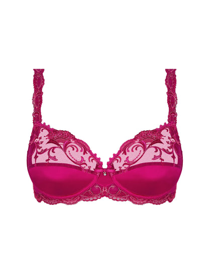 Pink bra with lace details on a white background