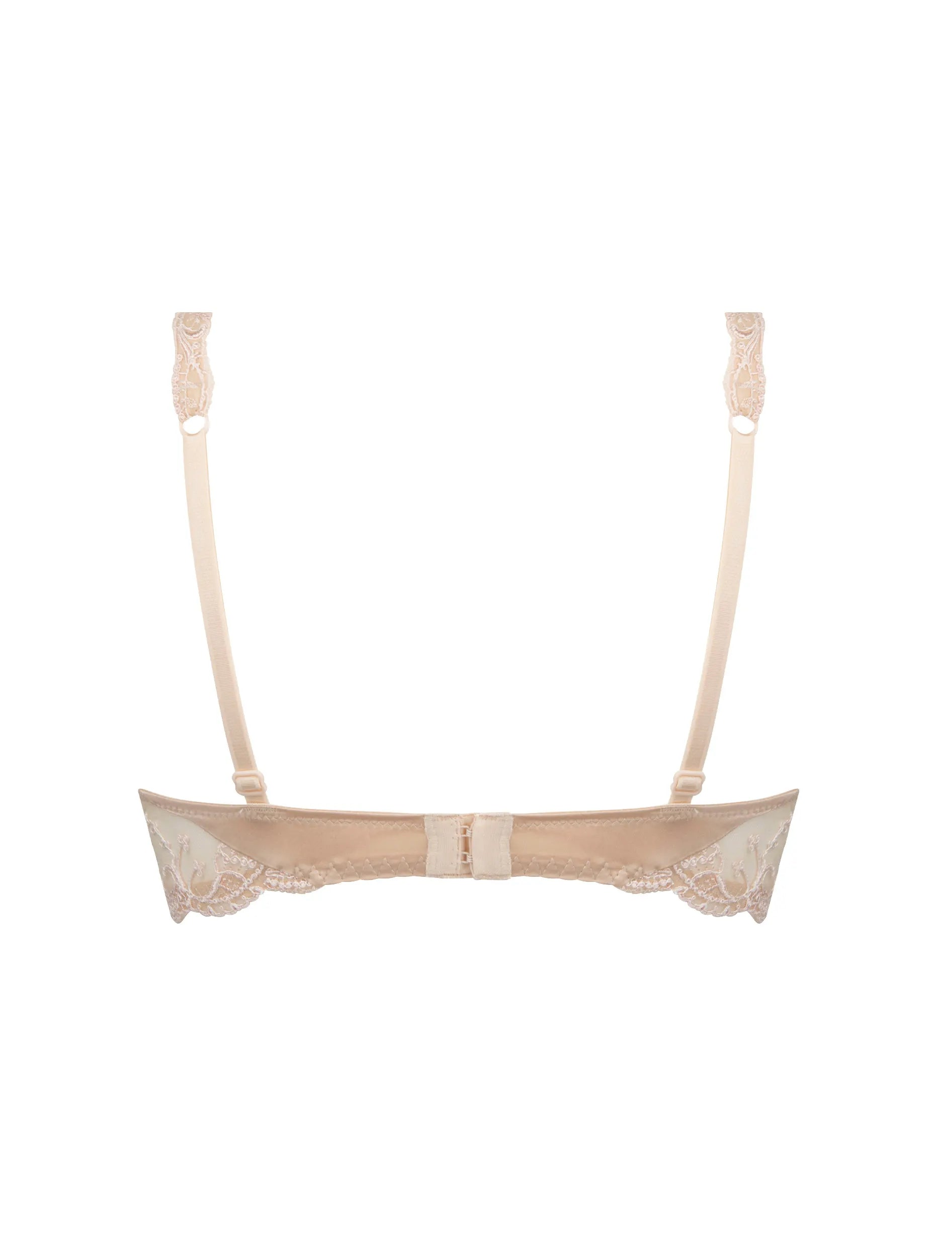 Beige lace bralette with thin straps on a white background