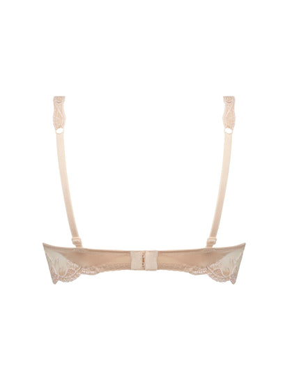 Beige lace bralette with thin straps on a white background