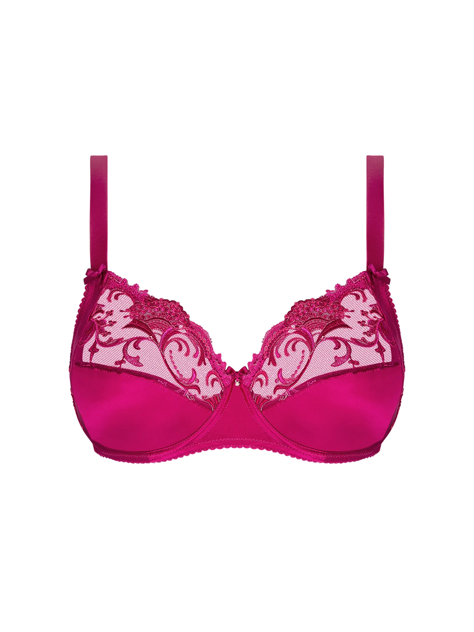 Pink bra with lace details on a white background