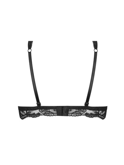 Black lace bra with thin straps on a white background