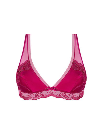 Pink bra with lace details on a white background