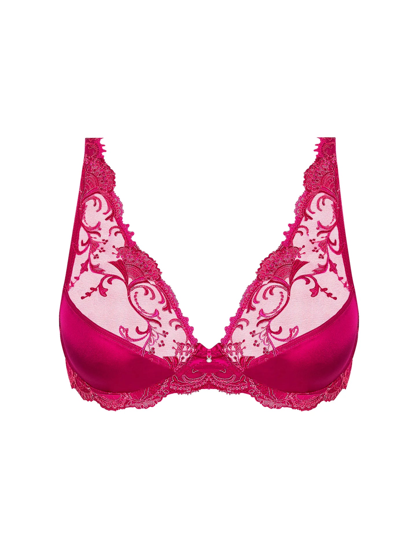 Pink bra with lace detailing on a white background