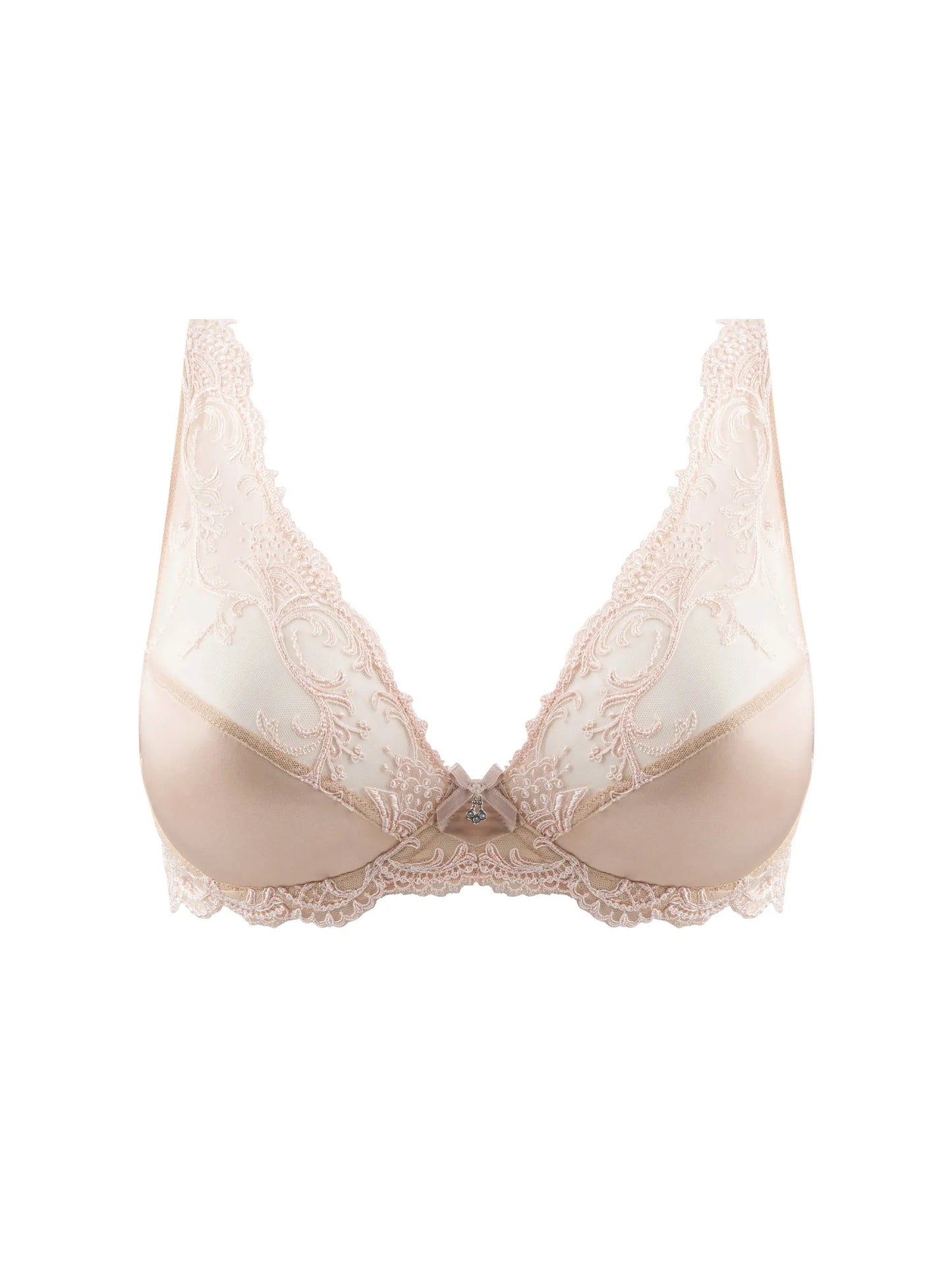 Beige lace bra on a white background