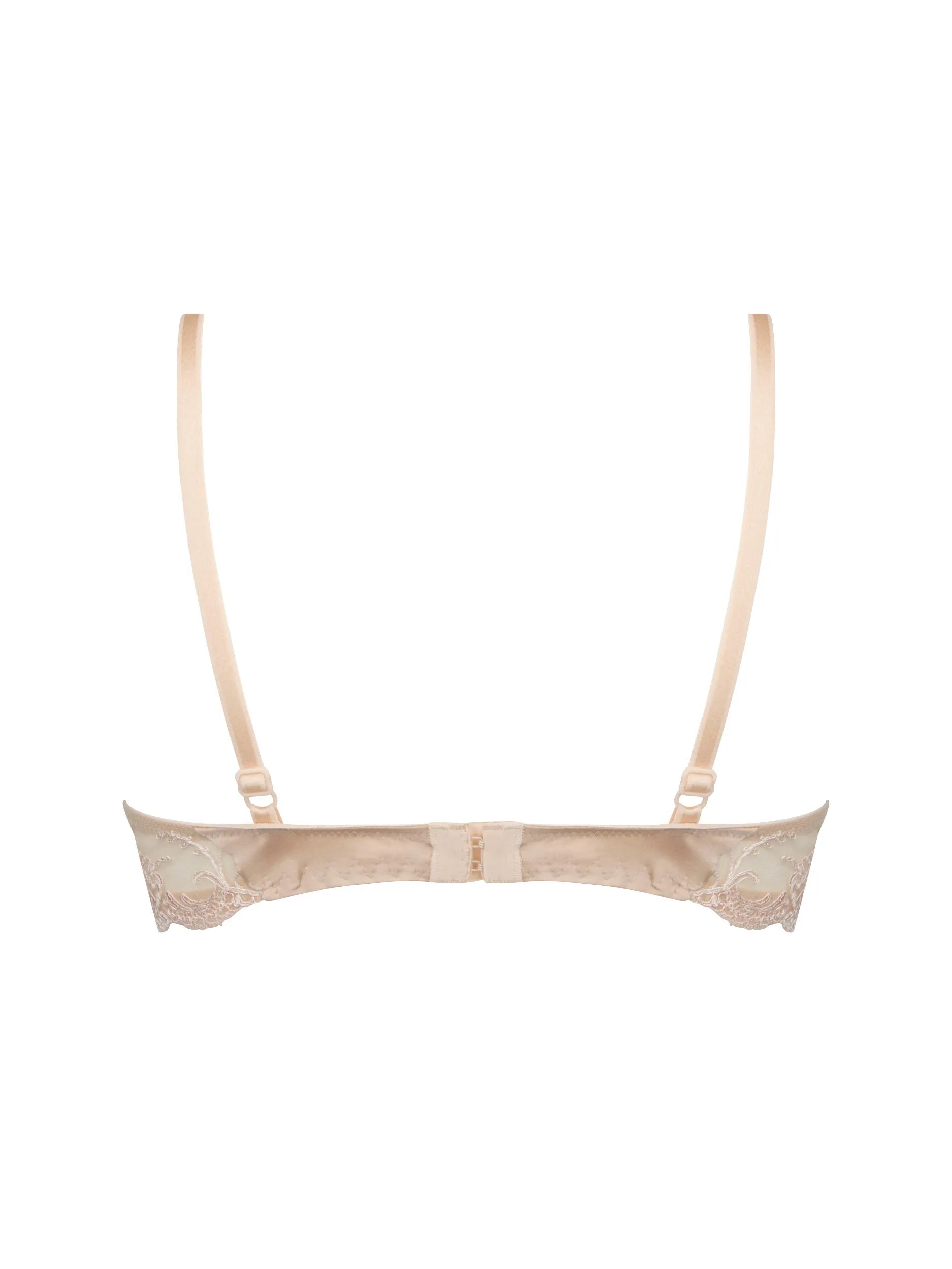 Beige lace bra on a white background