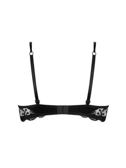 Black bra with lace details on a white background
