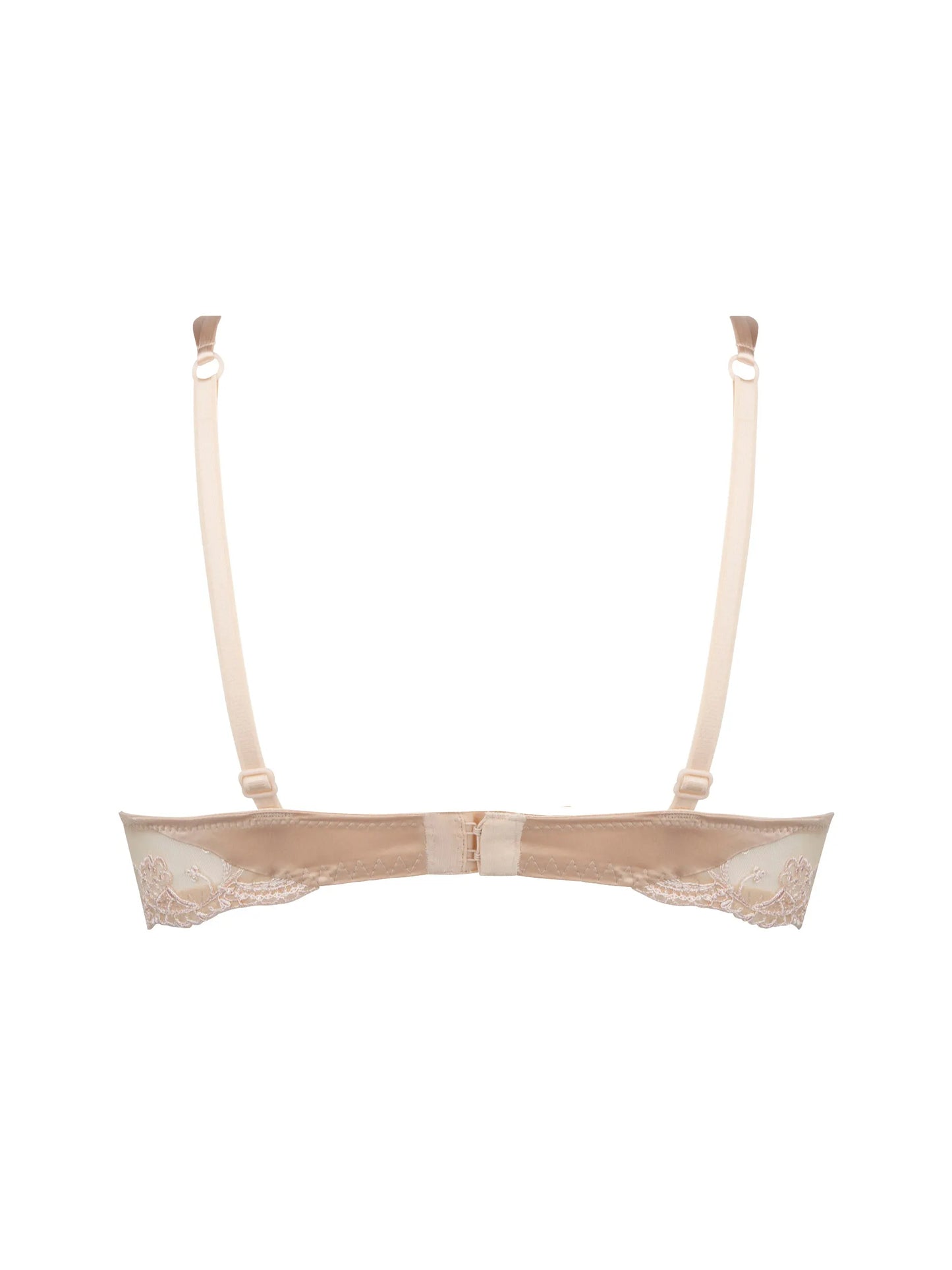 Beige lace bra with straps on a white background