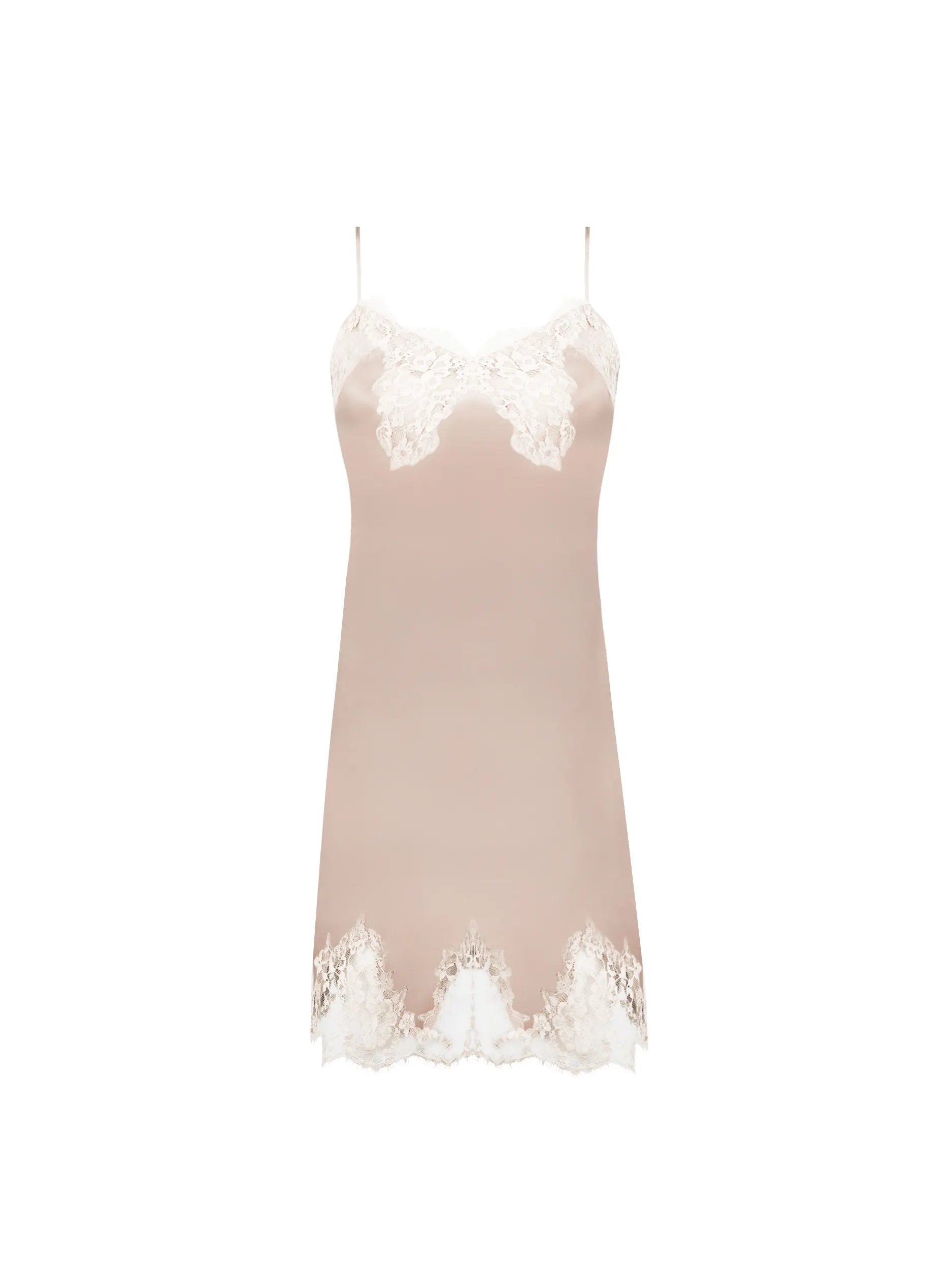 Beige slip dress with lace details on a white background