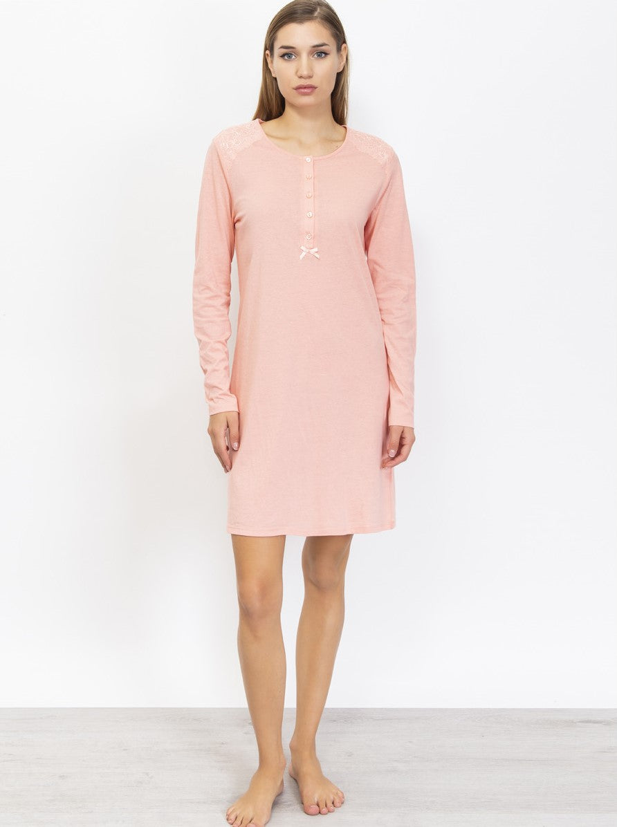 Verdissima's long-sleeved nightgown features a macro-flower motif lace insert for a modern, yet refined design. 