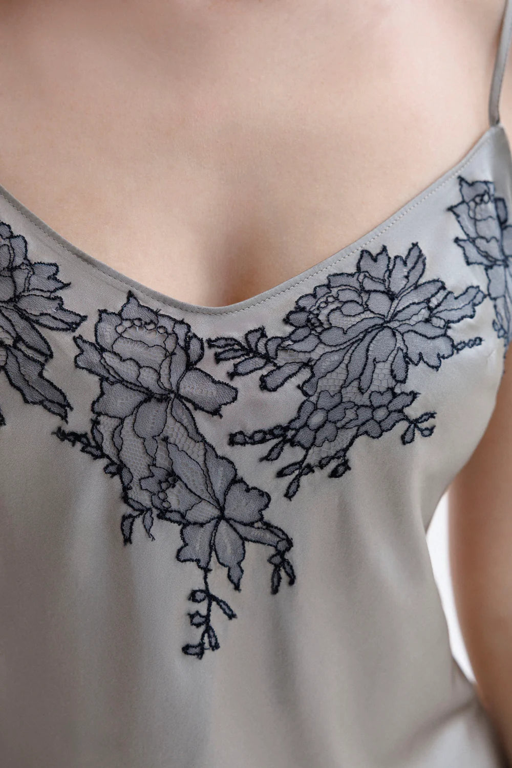 Gray silk top of the nightgown with black floral French lace