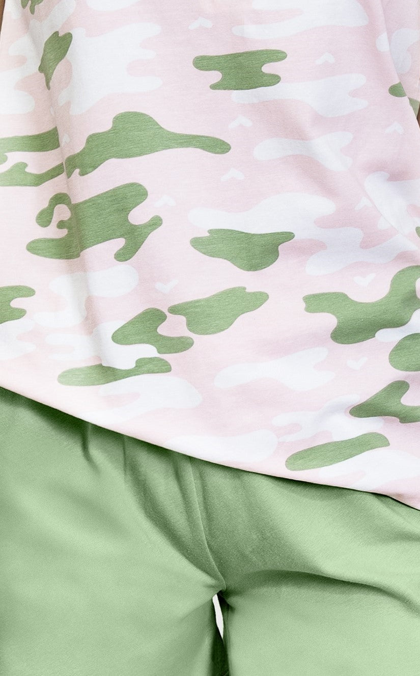 This Camo Cotton Pajama Set is designed with a lightweight, breathable cotton, complete with a stylish camouflage print top and matching solid colour pants.
