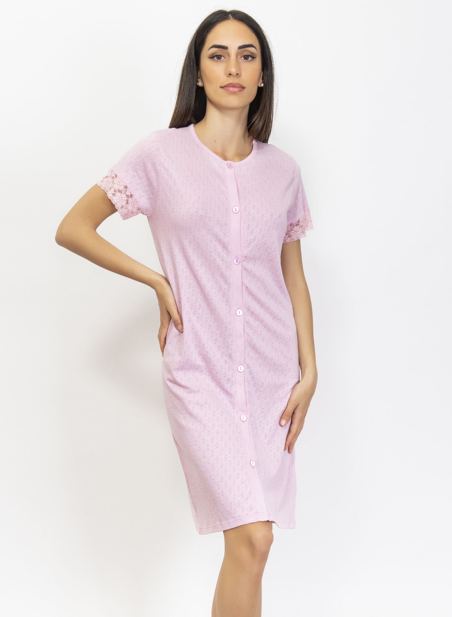 This housecoat is crafted from fine pointelle cotton for a smooth touch and subtle texture.
