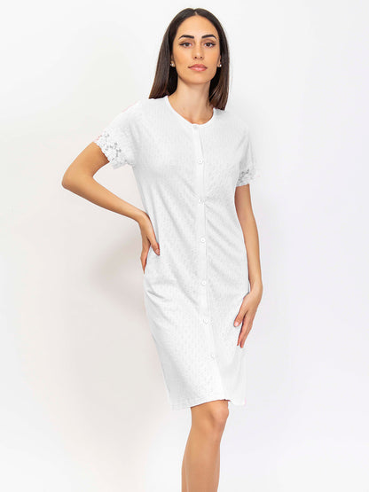 This housecoat is crafted from fine pointelle cotton for a smooth touch and subtle texture.