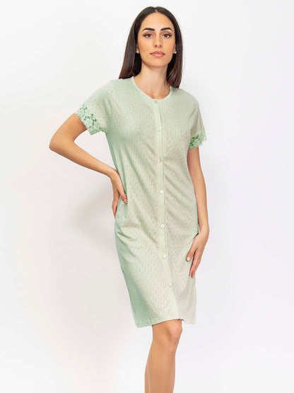 This housecoat is crafted from fine pointelle cotton for a smooth touch and subtle texture.