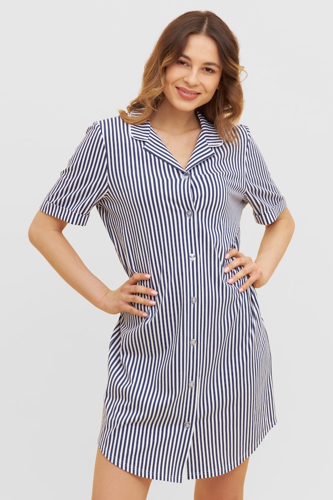 Women is wearing Smart Casual Cotton Button-up Short Sleeve Nightgown front picture