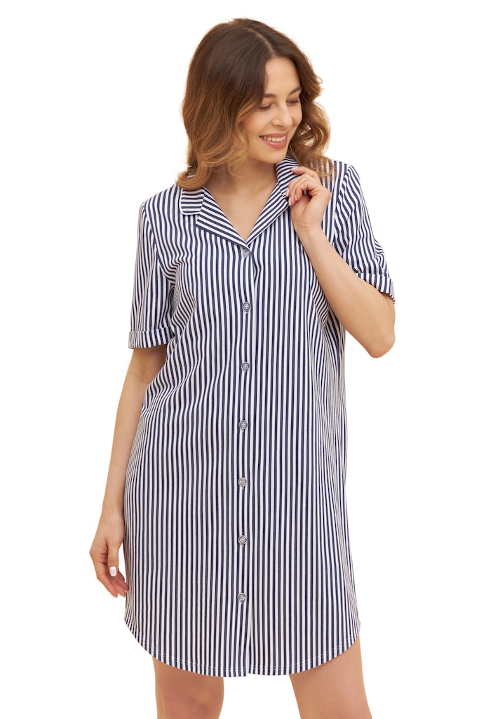 Women is wearing Smart Casual Cotton Button-up Short Sleeve Nightgown front picture