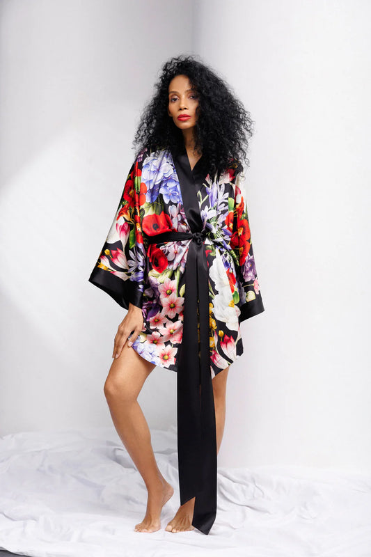 Wild Bloom Short Silk Robe