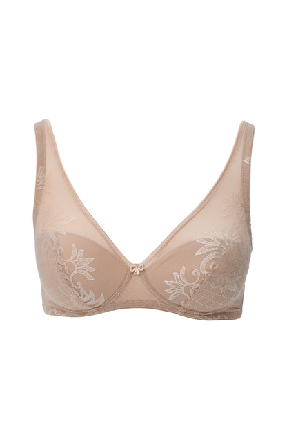 This Italian-crafted wireless bra from Leilieve's Free line utilizes a soft, elastic Jacquard fabric, featuring a distinctive amalgam of floral and geometric patterns. Light padding (approx. 3mm) is adjoined solely along the bottom of each cup's seam, allowing the fabric to adapt to the contours of the breast.  Full coverage, wire-free 