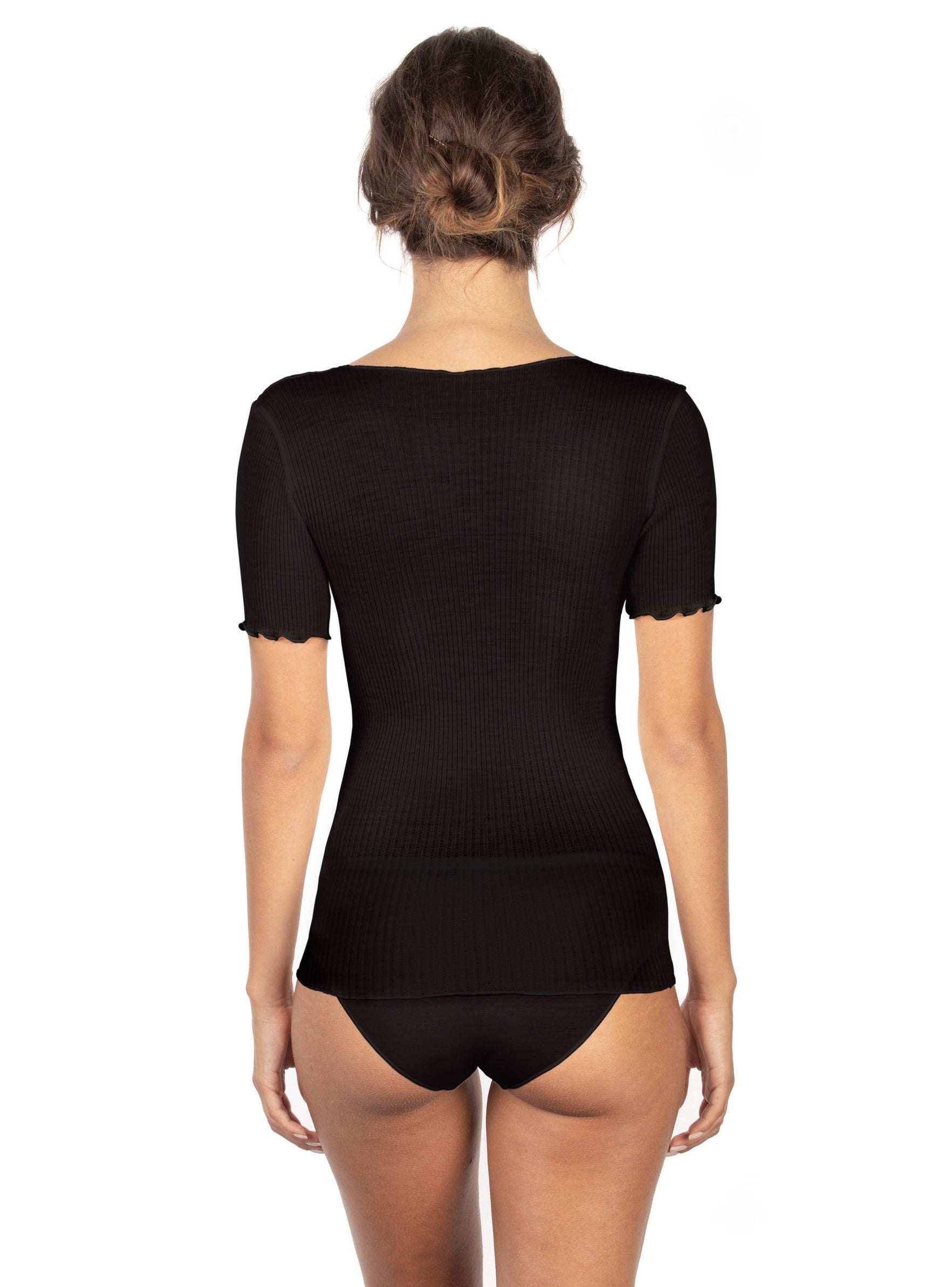 Black super soft short sleeve top from the Wool & Silk line by EGi from Italy at Di Moda Lingerie Toronto