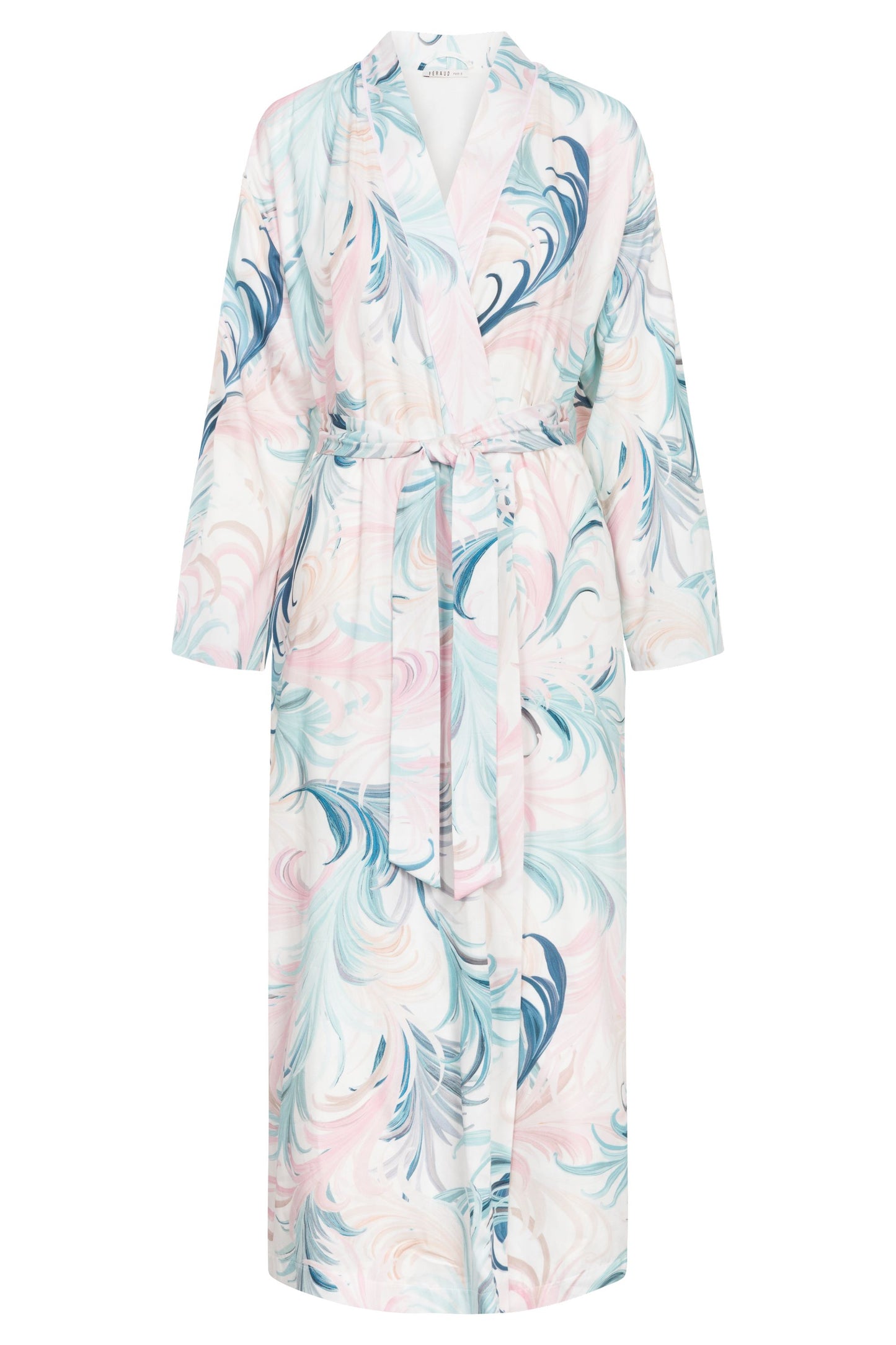 The High Class line from Féraud Paris offers a luxurious kimono-styled robe with cotton satin and terrycloth lining, featuring a romantic feather pattern.