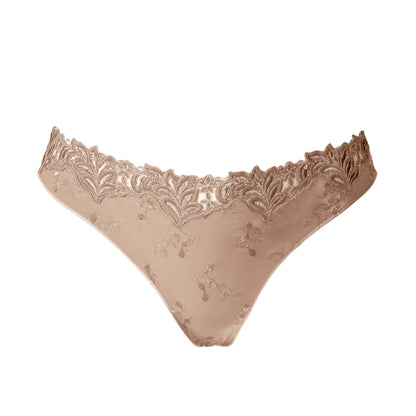 The Louisa Bracq thong from the Lys Royal line is adorned with garlands of small tone-on-tone leaves at the front, and is elevated with a generous floral pattern for a touch of added allure.
