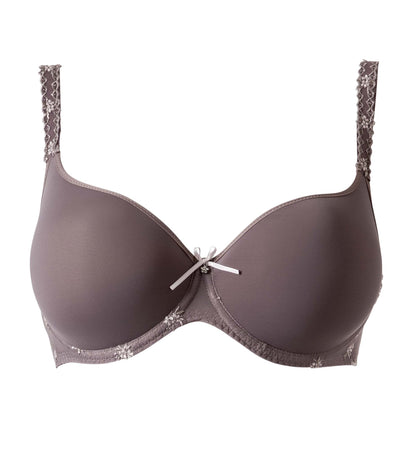 Taupe Louisa Bracq padded bra from the Chantilly line features iridescent medallions on the front frame, with a minimalist design intended to provide an invisible look.