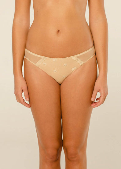 Sand Louisa Bracq brief from the Chantilly line provides a chic and refined look, featuring a fine tulle front adorned with a geometric bordered panel surrounding by iridescent medallions.