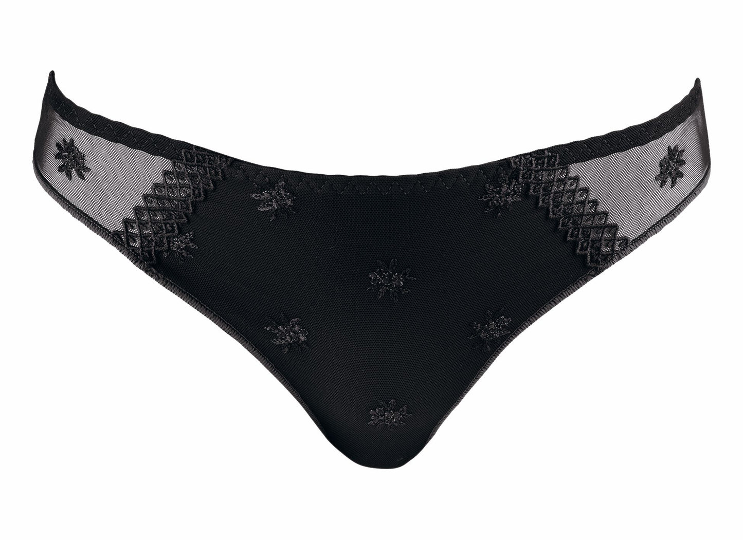 The Louisa Bracq brief from the Chantilly line provides a chic and refined look, featuring a fine tulle front adorned with a geometric bordered panel surrounding by iridescent medallions.