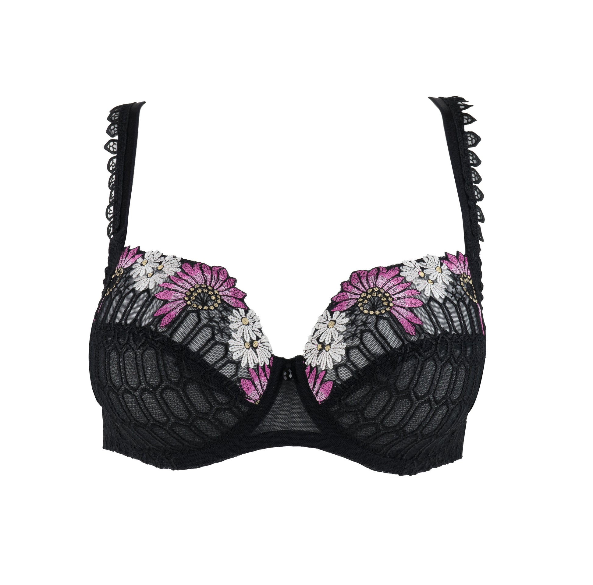 The Flower Power line of this Louisa Bracq semi-sheer soft full cup bra is decorated with intricate embroidery.