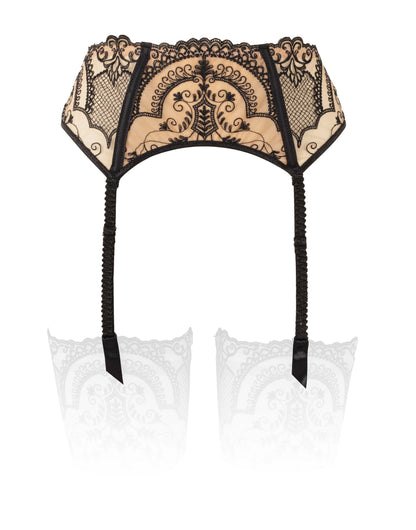 Luxuriously embroidered mesh garter-belt by Louisa Bracq from France at Di Moda Lingerie Toronto.