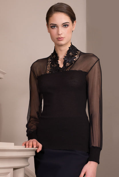 Black luxury Wool-Silk tulle sleeve top at Di Moda Lingerie Toronto, Made in Italy