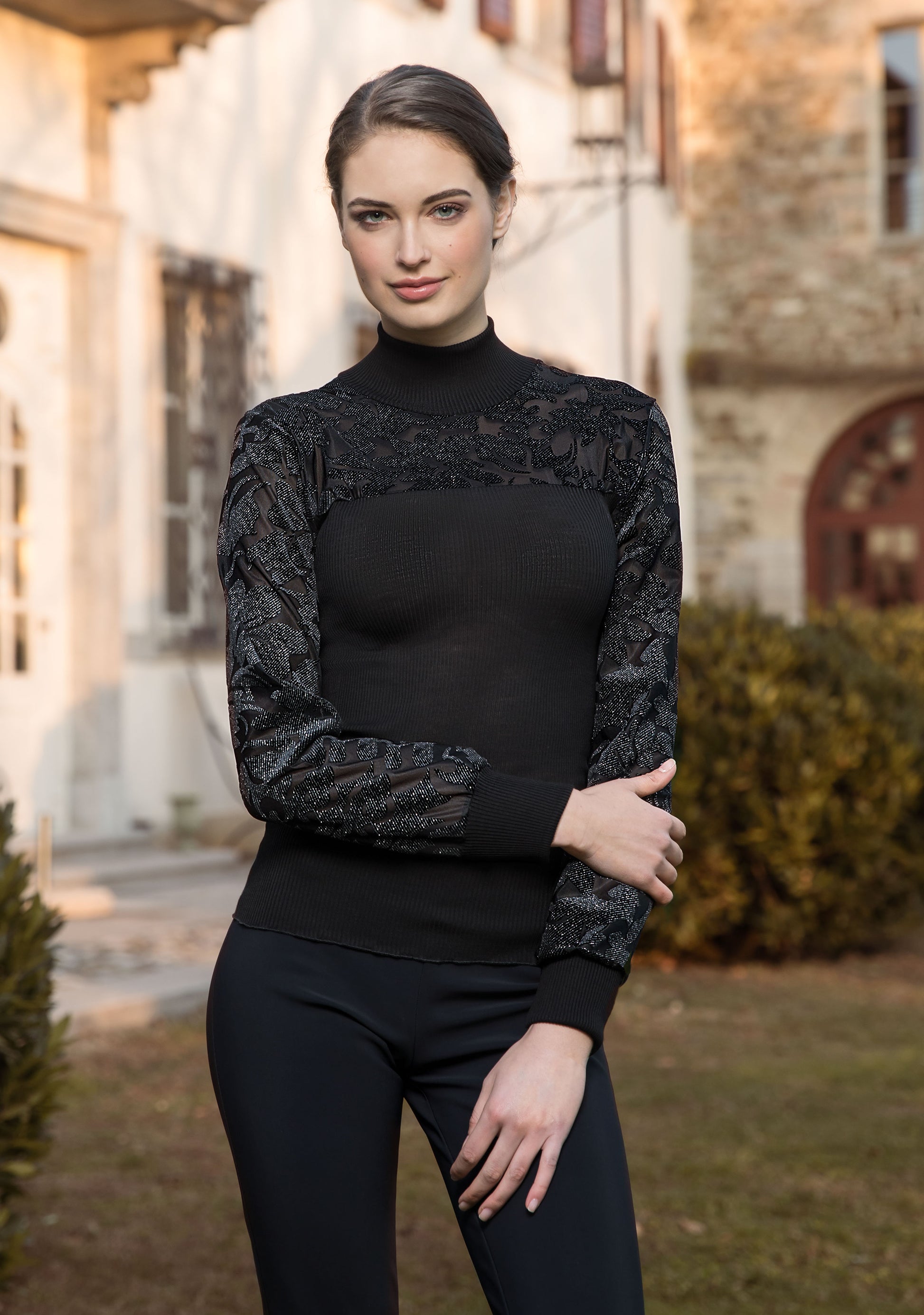 Luxury Wool-Silk Velvet Sleeve Top Made in Italy