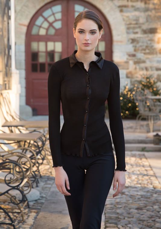 Black luxury wool-silk knitted shirt with button-up, Made in Italy