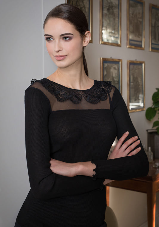 Luxury Wool-Silk Crochet Lace Top by Vittoria B from Italy