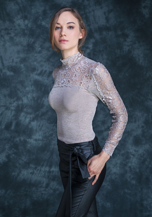 Luxury Wool-Silk Lace Mock Neck Top by Vittoria B from Italy