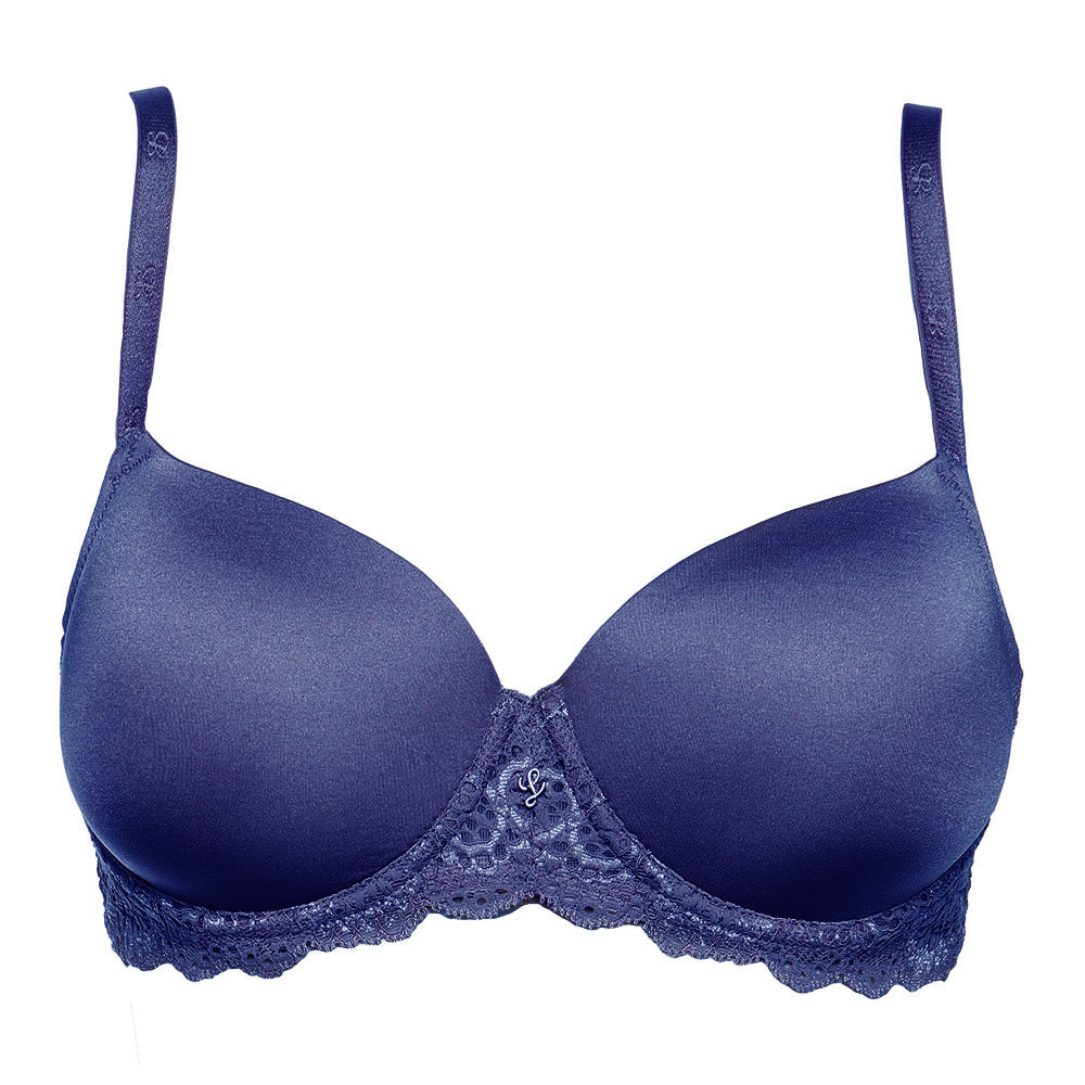 Full-coverage, padded and seamless cup bra in blue colour 