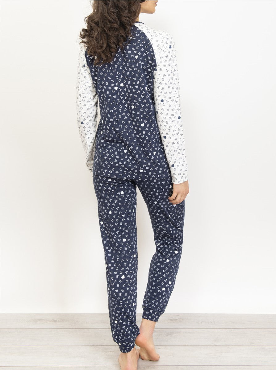Navy Blue Long Sleeve & Pants Cotton Pajamas Set by SIeLEI Italy 