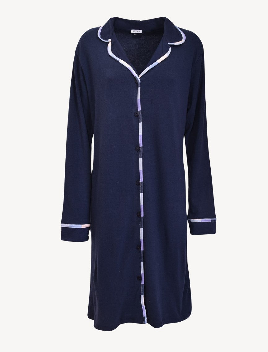 Navy blue, front button, cotton dressing robe by SIeLEI from Italy at Di Moda Lingerie Toronto