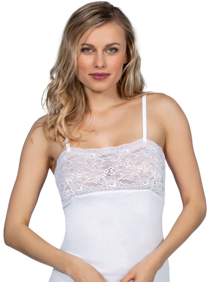 Spaghetti straps Soft and stretchy lace yoke, overbust Special tubular knit, without side seams Soft and pleasantly stretchy Made in Italy, imported